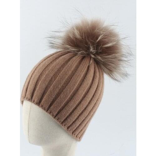 Kids Hat Pompom Winter Boy Girl Angora Knit Ribbed Beanie Real Raccoon Fur Autumn Warm Outdoor Skiing Accessory For Baby