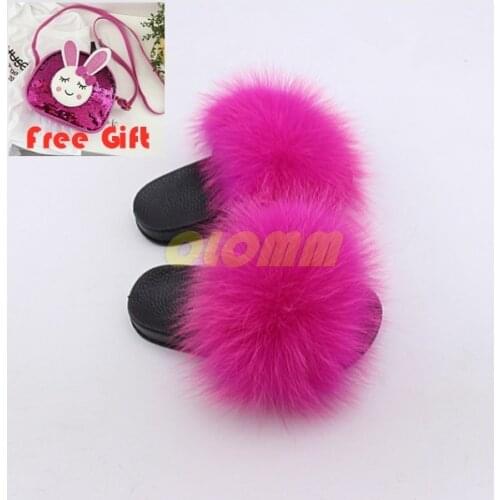 Kids Fur Slippers Fluffy Raccoon Fur Slides Furry Real Fox Fur Flip Flops Flat Children Shoes Girls Fur Sandals Wallet Shoes Set