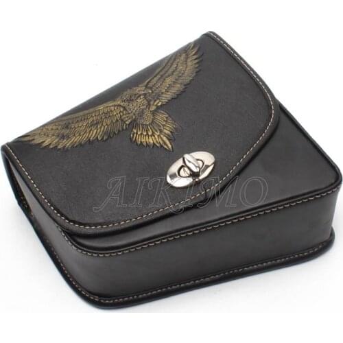 For Harley Sportster XL883 1200 Honda Suzuki Motorcycle Black PU Leather Eagle Logo Tool Bag Luggage Left Side Saddle Bag