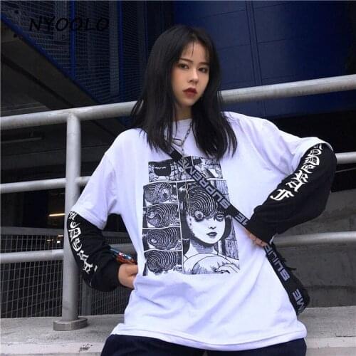 NYOOLO Novelty design Fujiang horror comic print fake 2 piece t-shirt Autumn long sleeve O-neck T-shirts women men clothing tops