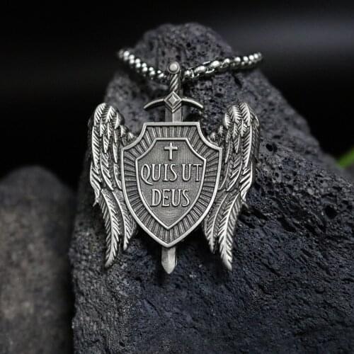 Michael Sword and Shield Archangel Wings Pendant Necklace Christian Mens Chain Necklace Religious Catholic Vintage Accessories