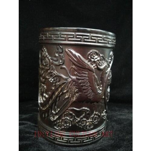 YIZHU CULTUER ART Collection China Old Redwood Carving Dragon Phoenix Statue Brush Pot Decoration