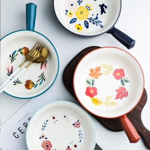 Ceramic hand-painted sigle handle griddle plate baked fruit salad rice soup bowl breakfast snack dessert tableware bakeware