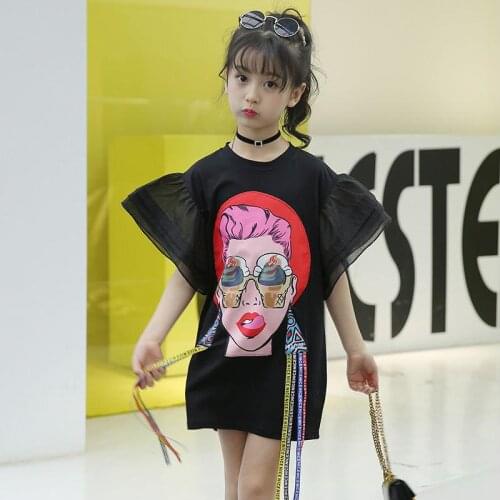 Summer Kids Dress For 4-16 Years Children Fashion Print Dress Baby Girl Casual Cartoon Dress Teenage Coatumes Clothes wz226