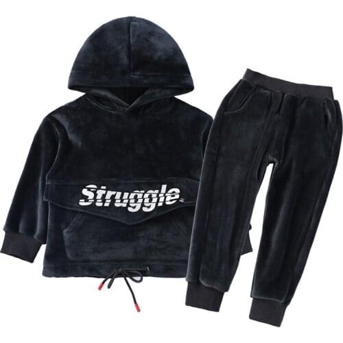Boys Spring Casual Sports 2 PCS Set (Hoodie+ Long Pant) Fashion Letters Thicken Fleece Gold Velvet Autumn Hoodies Suit