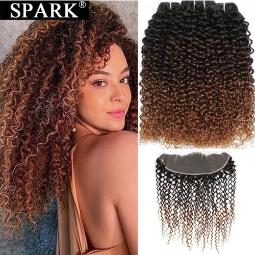 Spark Human Hair Mongolian Afro Kinky Curly Bundles With Frontal 13*4 Ear To Ear Human Hair Frontal With Bundles Ombre Hair
