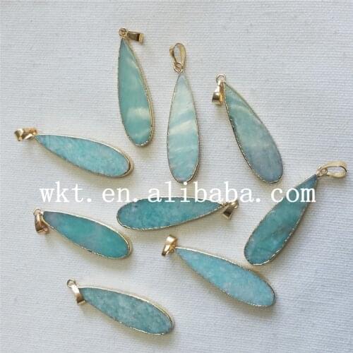 WT- P719 natural teardrop amazonite pendant ,long teardrop amazonite pendant with 24k gold trim