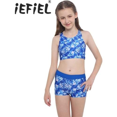 4-14 Years Kids Girls Two Pieces Swimsuit Sleeveless Crisscross Back Printed Top with Boyshorts Bottoms Beachwear Swimwear Sets