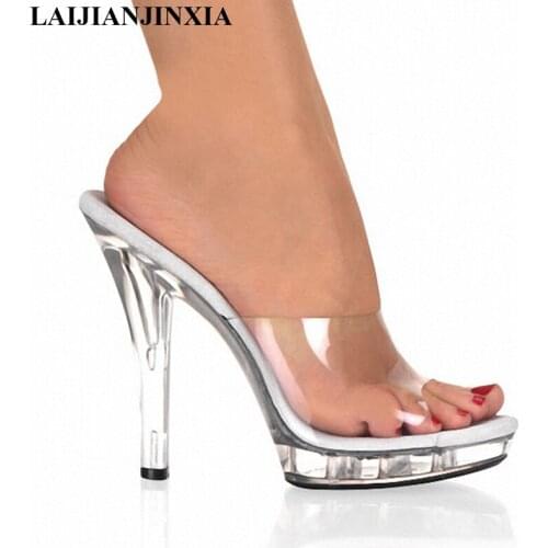 LAIJIANJINXIA New Fashion Summer Cool Slippers Women Super Thin High Heel 13CM Platform Sandals Office Dress Slipper Shoes Woman