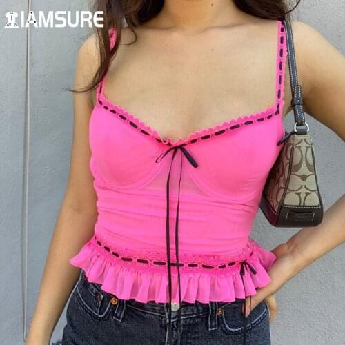 IAMSURE Cute Pink Tie Front Mesh Bustier Camis Sweet Girl Ruched See Through Deep V Neck Tank Tops Female 2020 Casual Streetwear