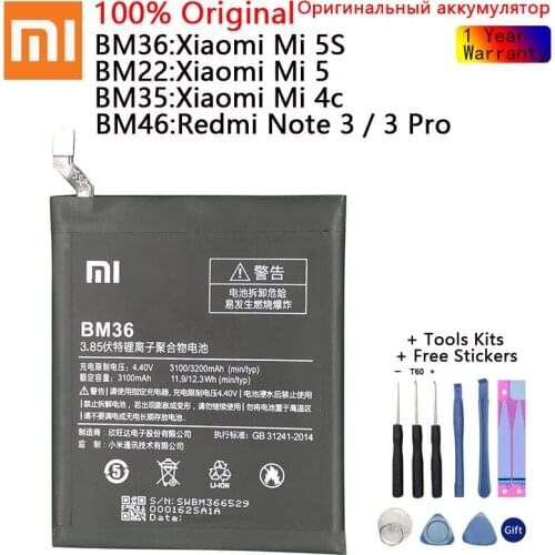 Xiao Mi Original BM35 BM36 BM22 BM46 Battery For Xiaomi Mi 5 5S 4C Redmi Note 3 Note 3 Pro Phone Batteries+ Free Tools