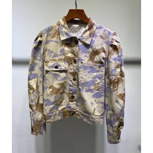 2020 Autumn Women Camouflage Coat Painting Short Jacket Retro Distressed Active Printed Puff Sleeve Thin Casual Jacket
