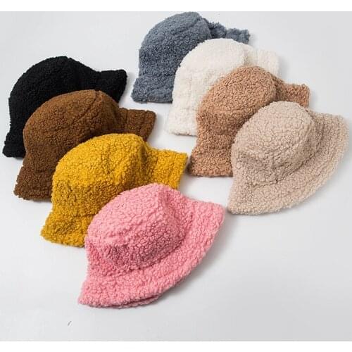 53-58CM Solid Women Hat Hairy Warm Female Cap Winter Bucket Hat For Women Outdoor Sunscreen Sun Hat Panama Lady Cap 8 Colors