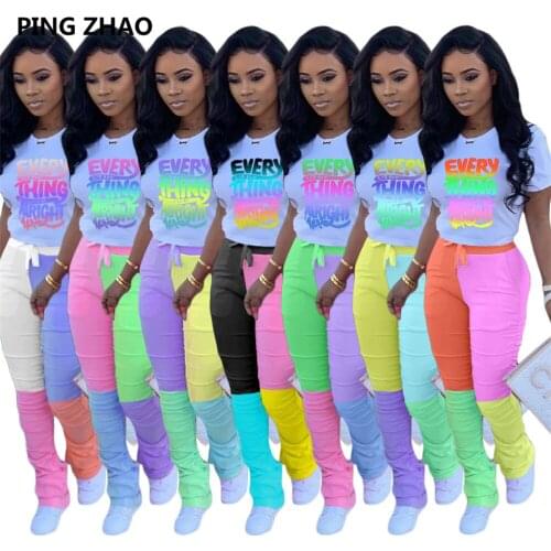 PING ZHAO Women Letter Print Tee Tops Patchwork Stracked Sweatpant Suit Two Piece Set Sport Matching Set Outfit