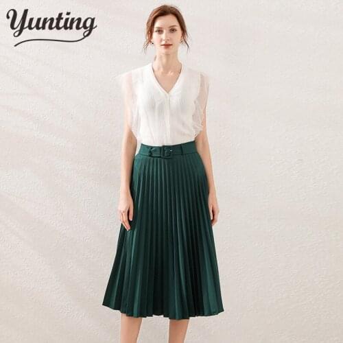 Sexy OL Occupation 2 Pieces Suits Women 2020 Summer Sleeveless Chiffon Crop Top & A-line Skirts Set