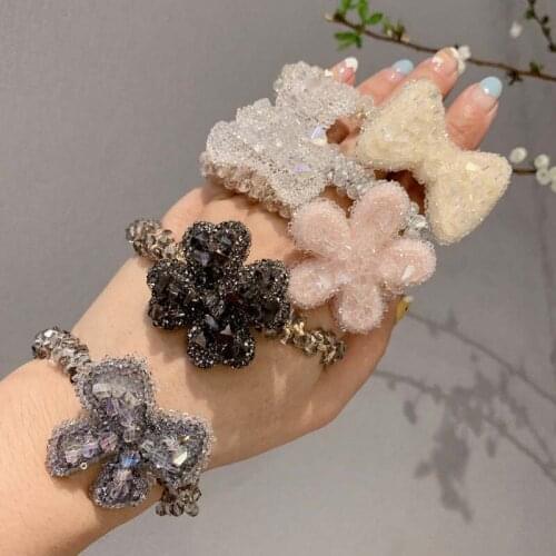 Rhinestone Flower Bow Hair Ties Elastic Hair Bands For Women Cute Crystal Bear Lucky Leaves Hair Accessories Headband Wholesale