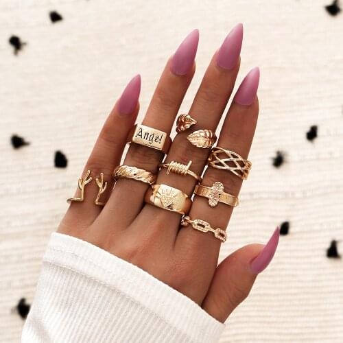 Yobest Boho Vintage Gold Leaf Knuckle Rings For Women BOHO Crystal Star Crescent Geometric Female Finger Rings Set Jewelry 2020