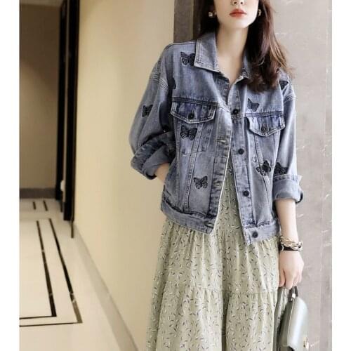 No Fade Butterfly Embroidery Denim Jacket Womens 2021 Spring And Autumn New Loose Jacket Denim Jacket