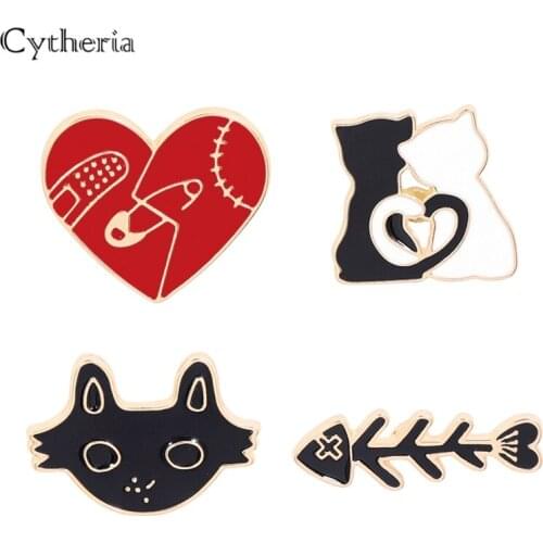 Fashion Animal brooch women Pins 1Pc black white Cat Heat fish bone metal pin Lapel Jackets drop oil Accessories Couple Badge