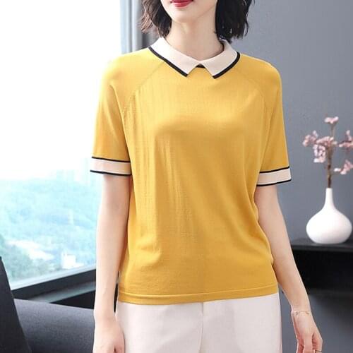 2020 Summer Knitted Tshirt Women Vintage Korean Style Short Sleeve Elegant T-shirt Tops Women Clothes Vetement Femme T-shirts