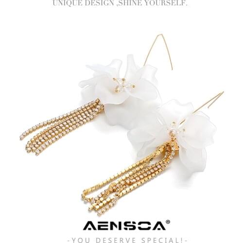 AENSOA White Acrylic Elegant Women Dangle Earrings White Flower Big Long Crystal Tassel Earrings For Women Hanging Drops Earring
