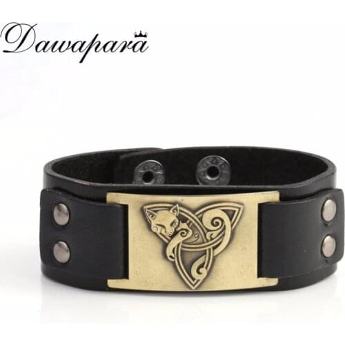Dawapara Teen Wolf Genuine Leather Bracelets Trinity Knot Fox Cuff Bangles Metal Sheet Wristband Viking Jewelry for Women
