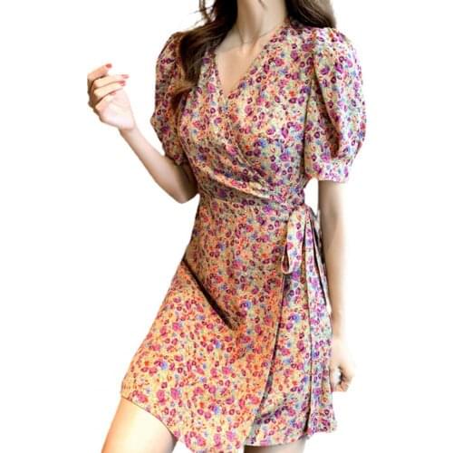Women Dress V Neck Floral Printed Polyester A-line Mini Streetwear for Party