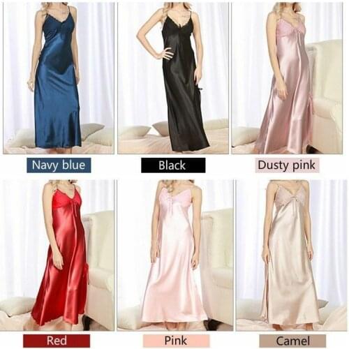 Women Silky Satin Lace Full Slip Long Dress V Neck Strap Slim Sleepwear Vintage