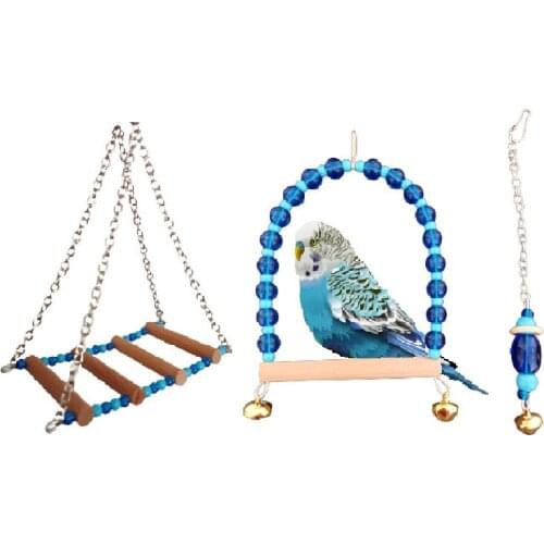 3 PIECE BUDGIE CAGE TOY SWING BEADED WOOD ROOST AND BELL BIRD 'PLAY HAND MADE