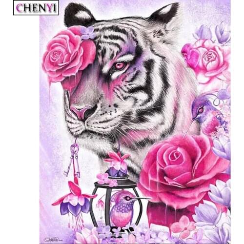 CHENYI Diy 5D Diamond Painting Tiger And Rose Full Diamond Mosaic Cross Stitch Animal Diamond Embroidery Handmade Home Decor