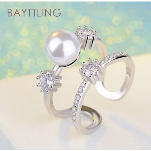 BAYTTLING S925 Sterling Silver Rose Gold/Silver Pearl Double Zircon Open Ring For Woman Fashion Wedding Party Jewelry Gift