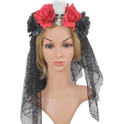 Day of The Dead Headband Bride Veil Fancy Dress Costume Halloween Party Accessories Women Rose Flower Crown Skull Hairbands