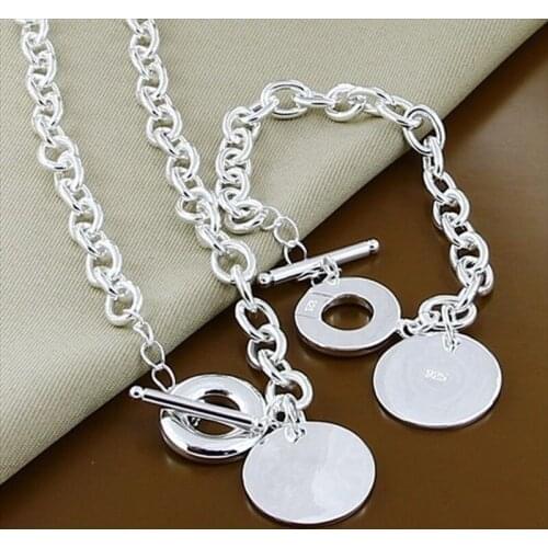 Classic Jewelry Set 925 Sterling Silver Round Pendant Bracelet Necklace Sets for Women Men