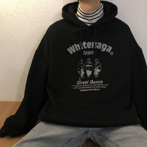 Japanese and Korean park high hooded sweater men plus velvet thick warm all-match street retro English letter printing black