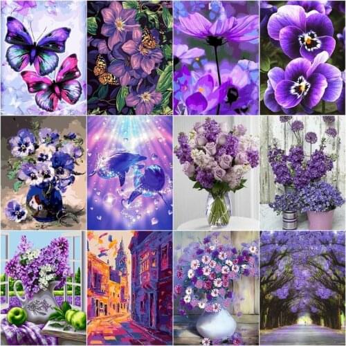 GATYZTORY Purple Flowers Scenery DIY Painting By Numbers Kit Picture By Numbers For Adult Diy Gift Home Decoration Wall Arts