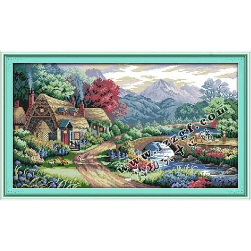 70*42cm Needlework,DIY Set for Embroidery kit,Nature Village Cabin Bridge river Pattern Scenic Cross-Stitch Oil Paint Wall Decor