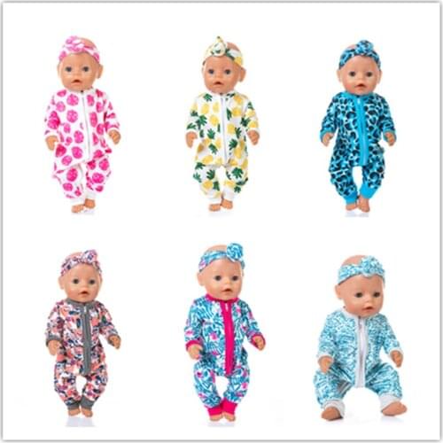 2021 New Pattern Printed Jumpsuit + Headscarf Fit 18 Inch American&43cm Baby New Born Doll Clothes Accessories