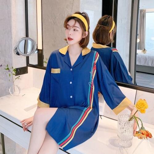 New ice silk shirt nightgown women thin spring and summer Korean loose middle-sleeved pajamas large size cardigan nightdress