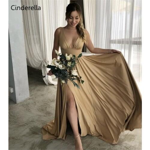 Cinderella Gold V-Neck Sleeveless Floor Length Side Slit Silk Satin Evening Dresses Hot Simple Style Backless Evening Dresses