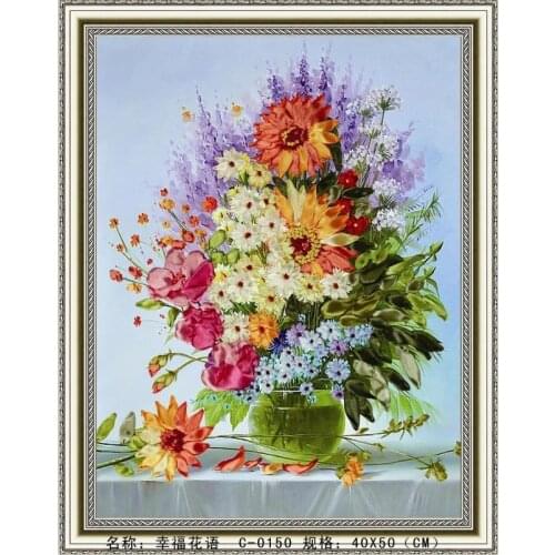 Needlework,DIY Ribbon Cross stitch Set for Embroidery kit,Happy sunflower vase ribbon Cross-Stitch handwork wedding wall decor