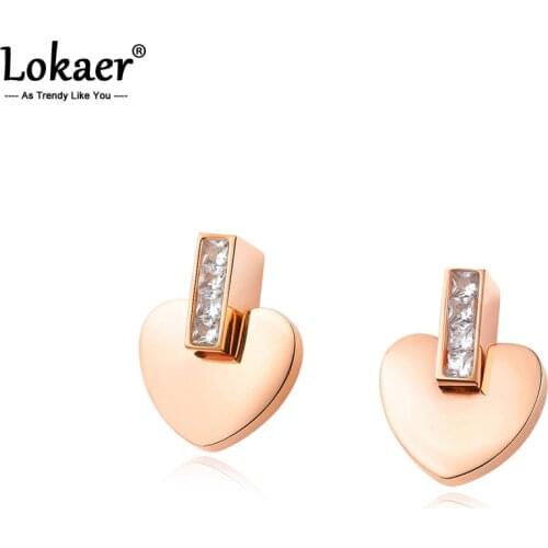Lokaer Small Cute Heart Inlay CZ Stainless Steel Stud Earrings For Women Rose Gold Ear Jewelry Accessories Girl Gift E17121