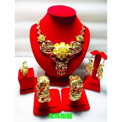 Yulaili Bride Wedding Gold-color Dragon and Phoenix Follow Big Flower Necklace Bracelet Earrings Ring Chinese Jewelry Sets