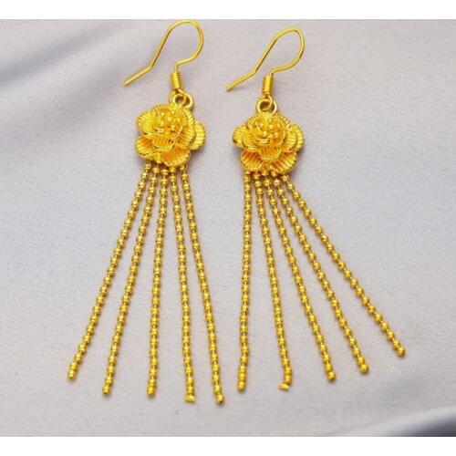 Light Yellow Gold Color Alloy Flower Drop Earrings for Women with Tassels Classic Style Jewelry