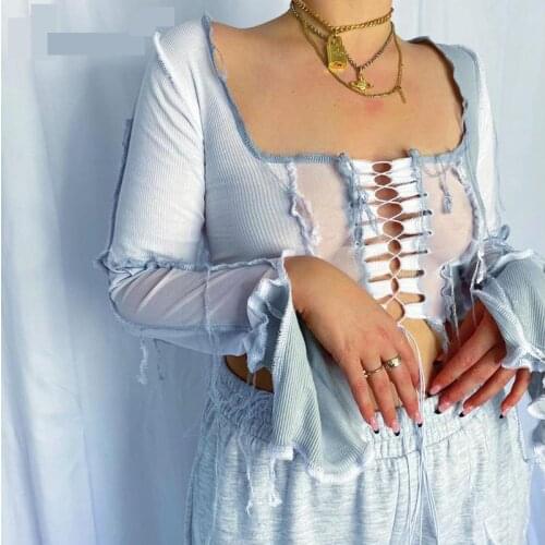Ribbed Patchwork Mesh Slit Tie Front Top Long Sleeve Women Sexy Lace Up Hollow Out Crop Tops Sexy Club Autumn Slim Tees