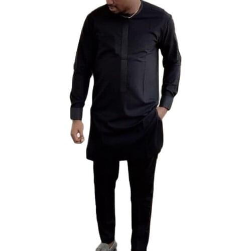 African clothes Man Shirts With Pants Fashion Solid Black Tops+Trousers Custom Made Mens Outfits African Pant Set For Party