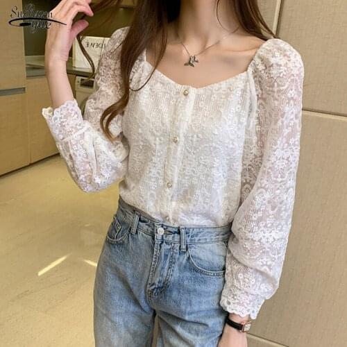 Spring 2021 Crochet Lace Women Tops New Korean Square Collar Embroidery Floral Blouse All-match Long Sleeve Shirt Female 13980