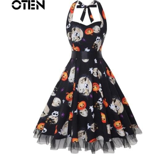 OTEN Vintage dress Halloween Style Women Summer clothes Halter Skull Print Rockabilly strapless pin up dresses vestido de festas