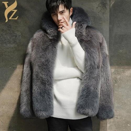 Wholeskin Fox Fur Coat Real Fur Coats With Hoods All-match Grey Color Men Winter Jackets Nature Fox Furs Overcoats Capped 2020