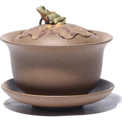 Yixing MasterpiecesHandmade Raw Ore Purple Sand Cover Bowl Frog Singing Three Talents Tea Set Retro Drinkwear suit for Greentea