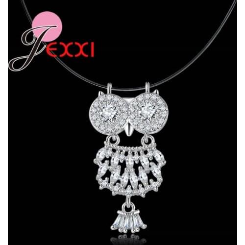 Cute Owl Pendant Clear Austrian Crystal Short Chain 925 Sterling Necklace for Women Wedding Jewelry